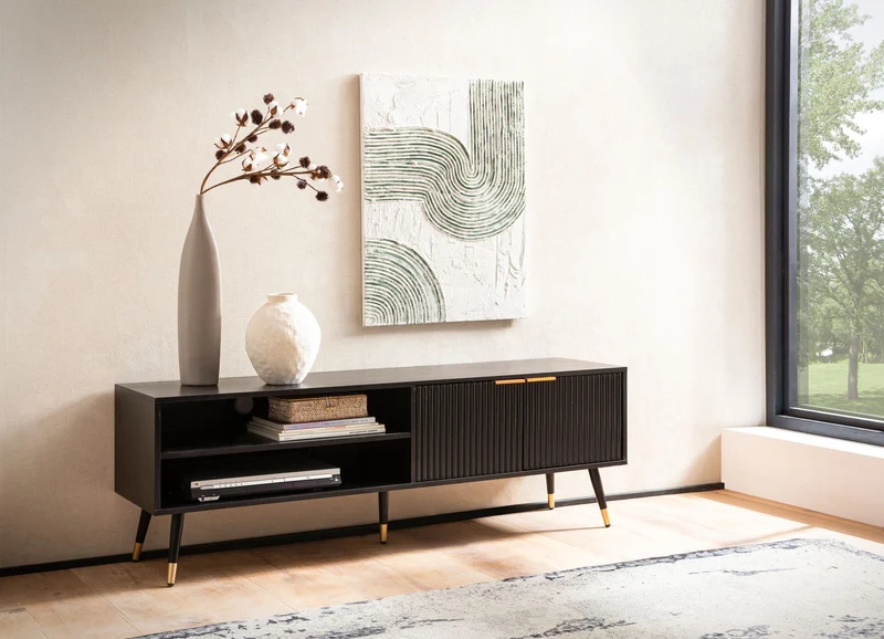 Lowboard Schwarz Eiche-Dekor 150x51x39cm TV-Kommode Modern Türen Ablagefächer