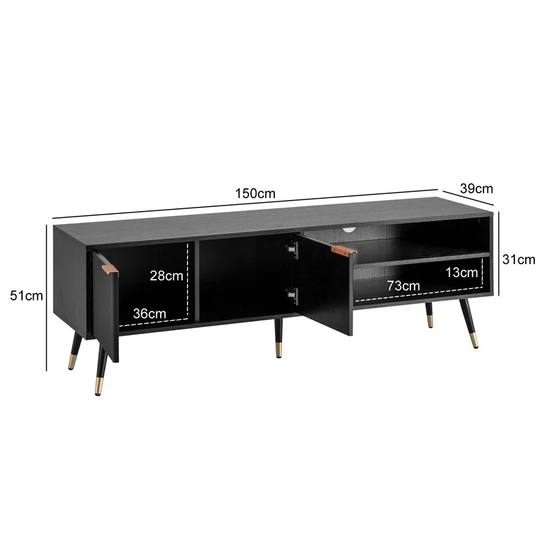Lowboard Schwarz Eiche-Dekor 150x51x39cm TV-Kommode Modern Türen Ablagefächer