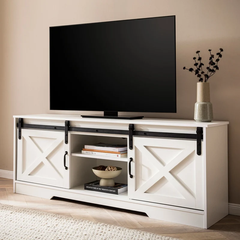 Lowboard Weiß 150x59,5x39,5cm TV-Kommode Landhaus-Stil Schiebetüren