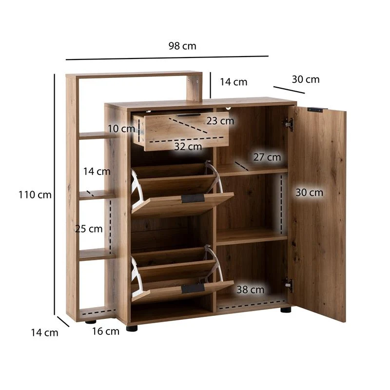 Schuhschrank Eiche-Dekor 98x110x30cm Schuhkipper mit Schublade Modern