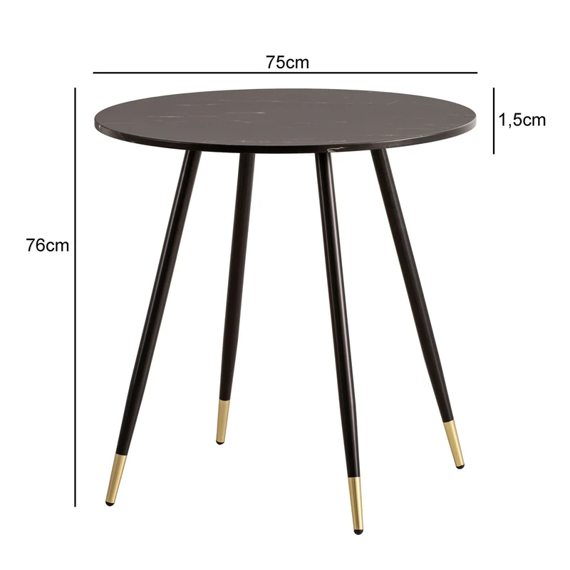 Esszimmertisch 75x75x76cm Marmor-Optik Schwarz Metallbeine Rund Modern