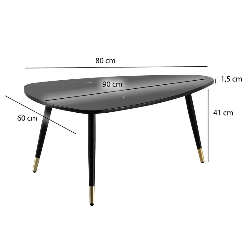 Couchtisch Dreieckig 90x60x41cm Marmoroptik Schwarz Metallgestell