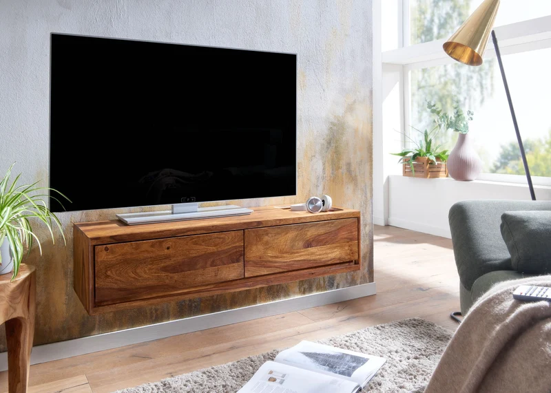 Lowboard Sheesham Massivholz 108x25x34cm Hängend TV-Schrank Braun