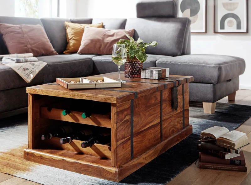 Couchtisch Sheesham Massivholz 100x60x40cm mit Weinregal Stauraum Modern