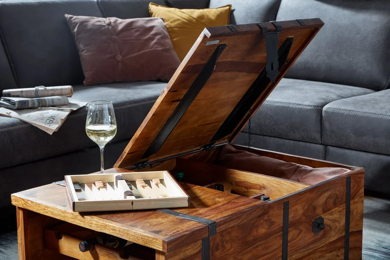 Couchtisch Sheesham Massivholz 100x60x40cm mit Weinregal Stauraum Modern