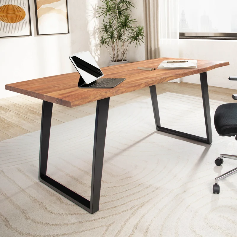 Schreibtisch 120x60x76cm Akazie Massivholz Metall Baumkante Schwarz