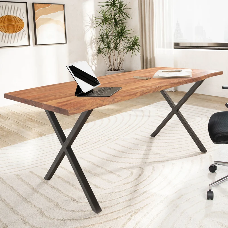 Schreibtisch Akazie Massivholz Metall Baumkante X-Beine Schwarz 120x60cm