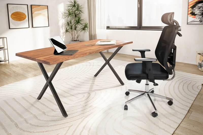 Schreibtisch Akazie Massivholz Metall Baumkante X-Beine Schwarz 120x60cm