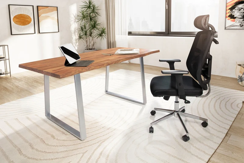 Schreibtisch 180x90 Akazie Massivholz Metall Baumkante Chrom Trapezbeine