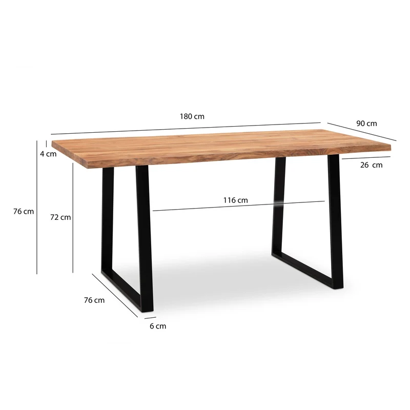Schreibtisch 180x90 Akazie Massivholz Baumkante Trapezbeine Schwarz