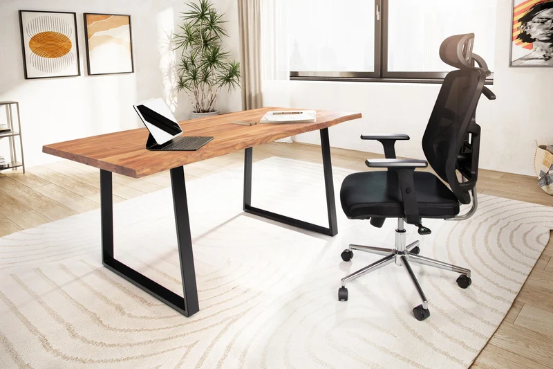 Schreibtisch 120x60x76cm Akazie Massivholz Metall Baumkante Schwarz