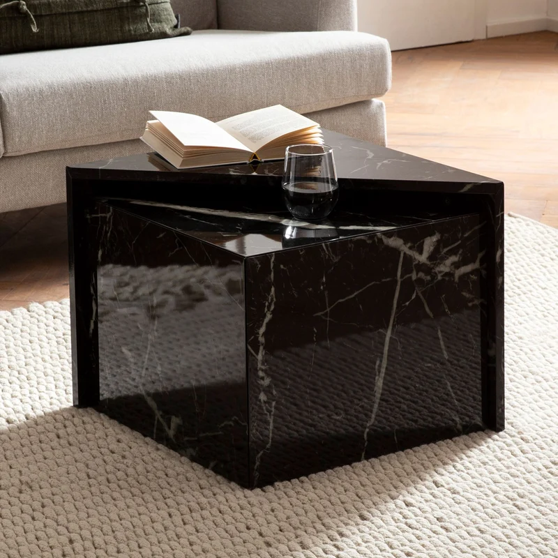 Couchtisch Set Monobloc Schwarz Hochglanz Marmoroptik Ineinanderschiebbar