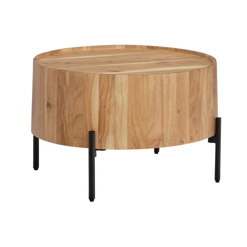 Couchtisch Akazie Massiv Rund 60x60x41cm Metallgestell Braun Schwarz