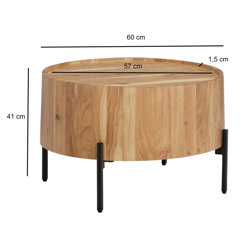 Couchtisch Akazie Massiv Rund 60x60x41cm Metallgestell Braun Schwarz