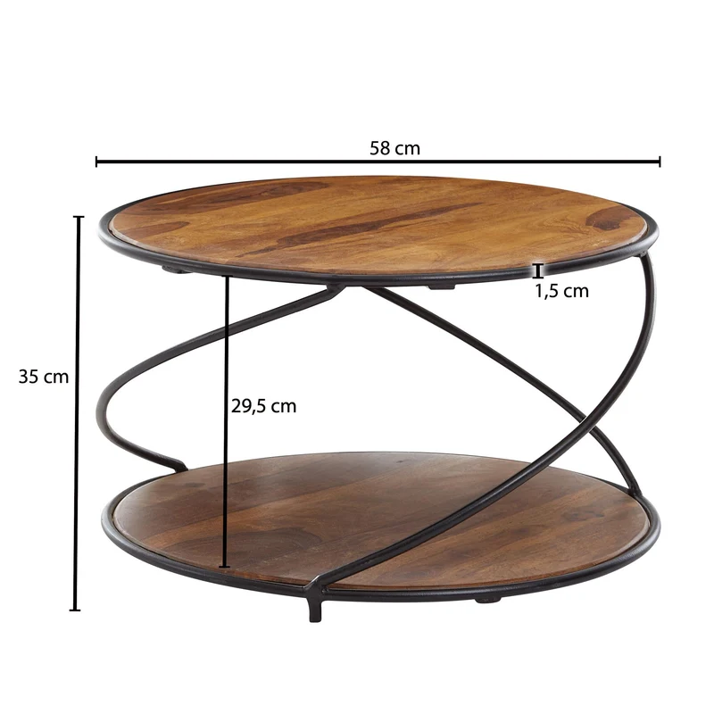 Couchtisch Sheesham Massivholz Metall Rund 58x58x35cm Modern Stauraum