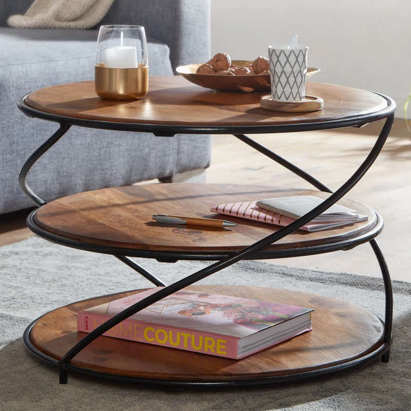 Couchtisch Sheesham Massivholz Metall Stauraum Rund Modern 58x58x40,5cm