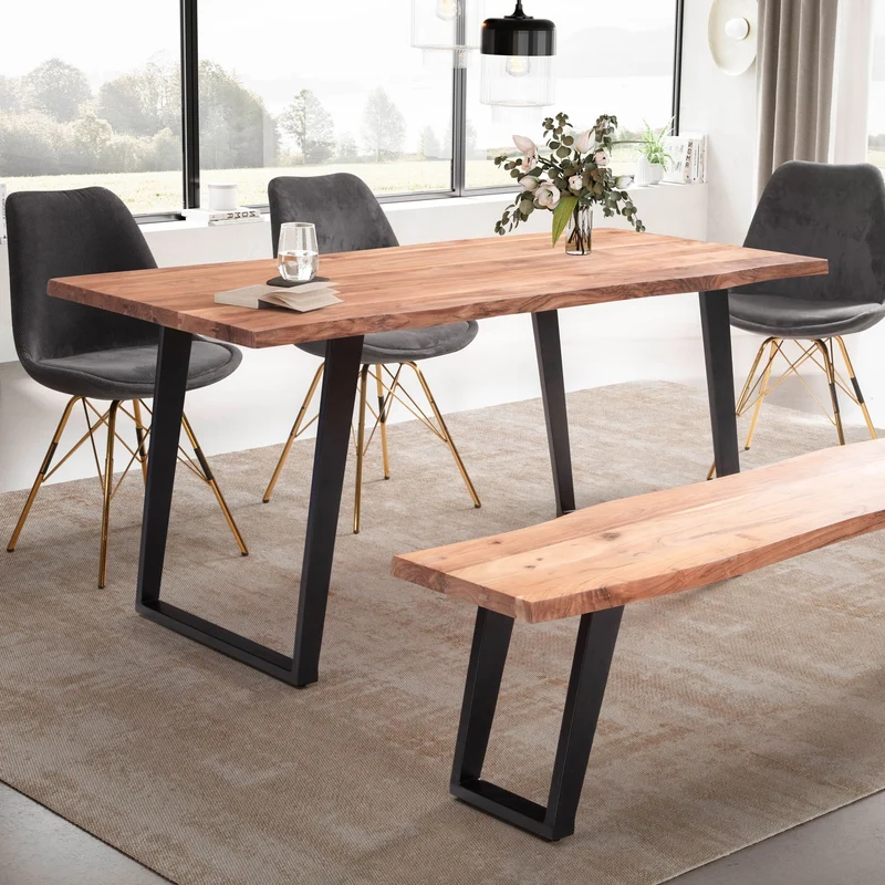 Esszimmertisch 120x60x76cm Akazie Massivholz Metall U-Beine Schwarz