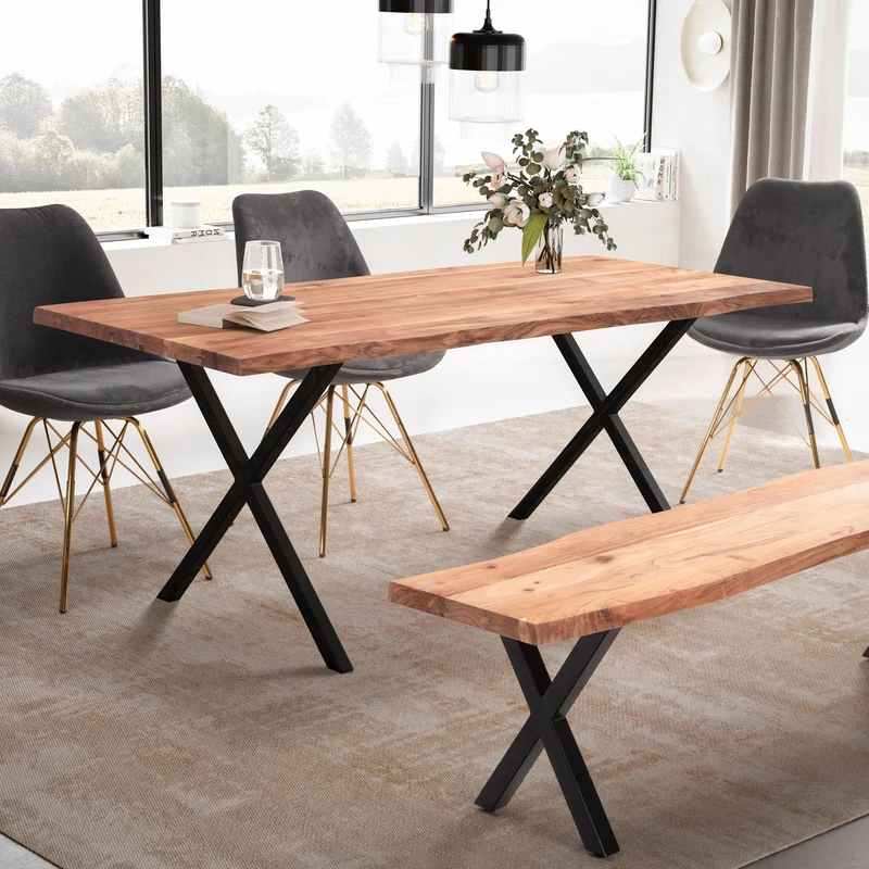 Esszimmertisch 120x60x76cm Akazie Massivholz Metall X-Beine Schwarz