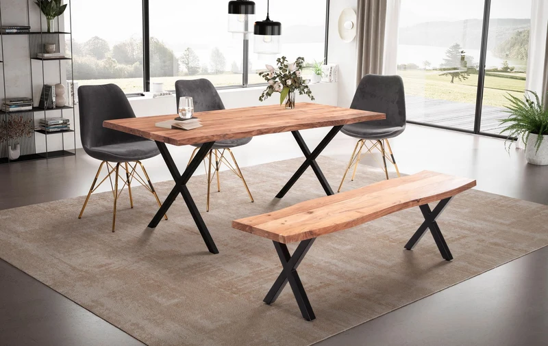 Esszimmertisch 120x60x76cm Akazie Massivholz Metall X-Beine Schwarz