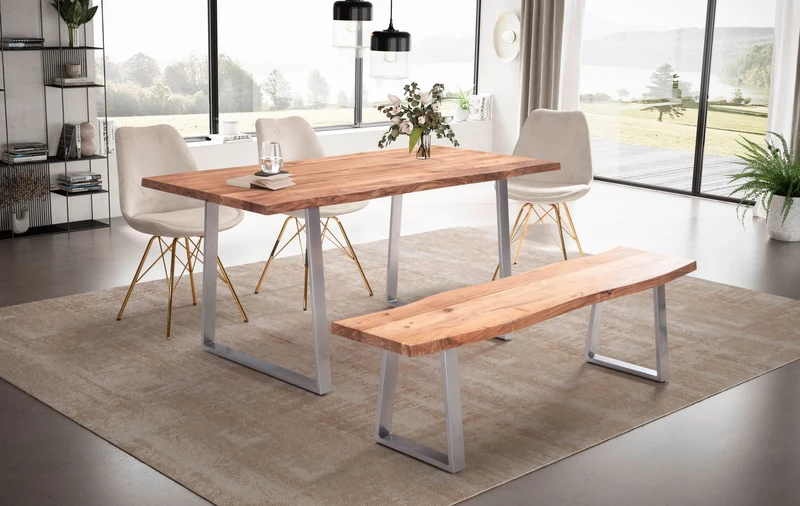 Esstisch Akazie Massivholz 180x90cm Baumkante Trapezbeine Chrom