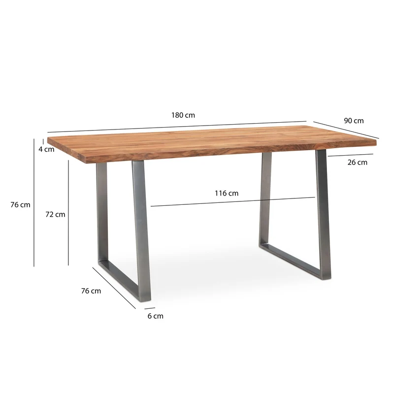 Esstisch Akazie Massivholz 180x90cm Baumkante Trapezbeine Chrom