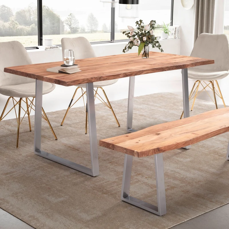 Esstisch 140x80 Akazie Massivholz Baumkante Trapezbeine Chrom
