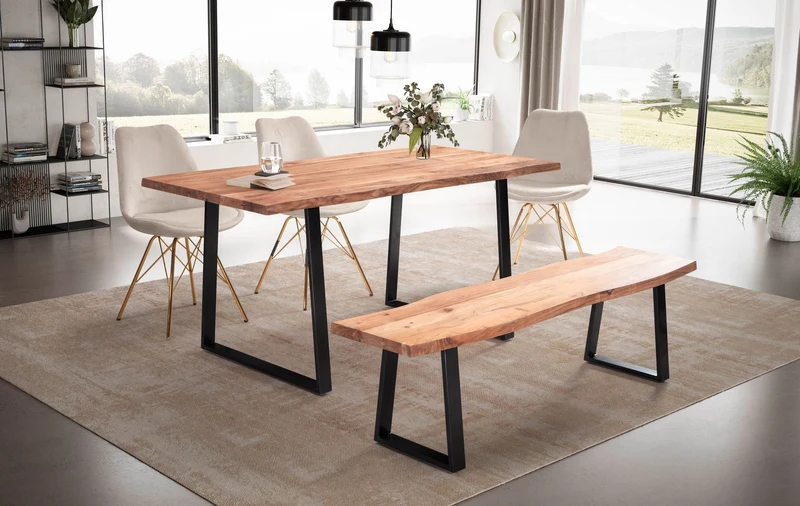 Esstisch Akazie Massivholz Metall Baumkante Trapezbeine Schwarz 120x60x76cm