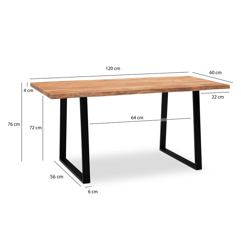 Esstisch Akazie Massivholz Metall Baumkante Trapezbeine Schwarz 120x60x76cm