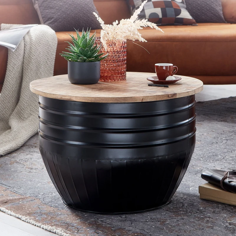 Couchtisch Mango Holz Metall Rund 60x41x60cm Industrial Schwarz