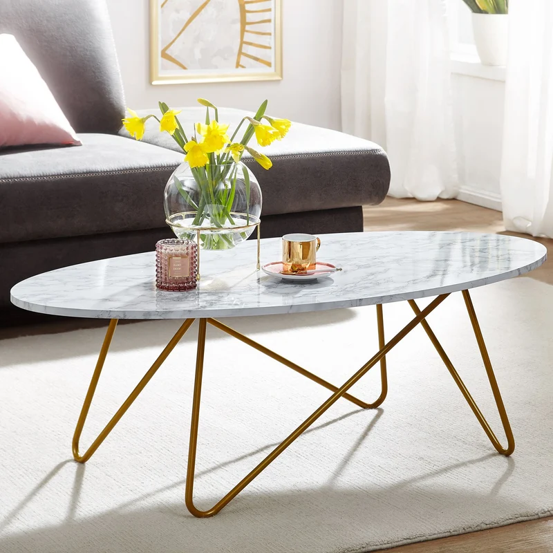 Couchtisch Oval 120x40x60cm Marmoroptik Weiß Metallgestell Wohnzimmer