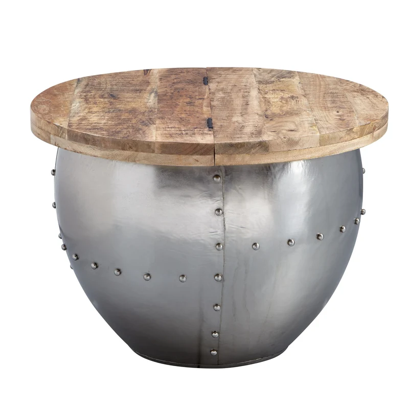 Couchtisch Mango Massivholz Metall Rund 60x43x60cm Industrial Silber