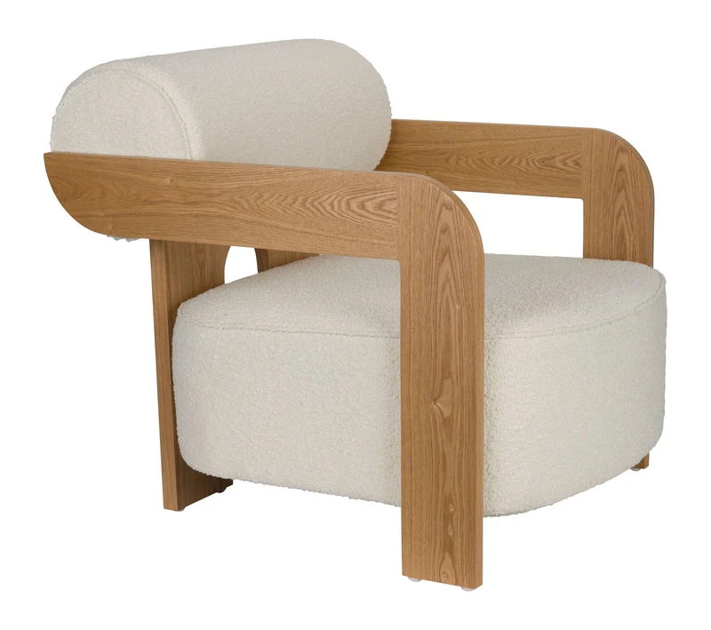 Loungesessel Oolong Beige mit Bouclé-Bezug und Eschenholz-Gestell