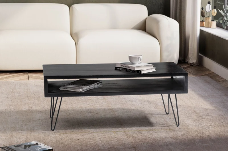 Couchtisch Mango Massivholz 100x50x40cm Metall Schwarz Stauraum