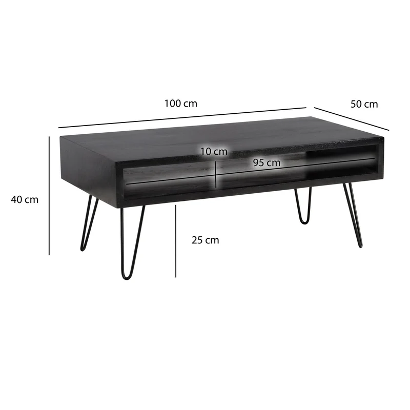 Couchtisch Mango Massivholz 100x50x40cm Metall Schwarz Stauraum