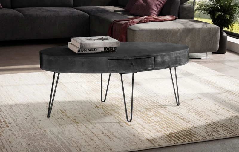 Couchtisch Mango Massivholz Metall Oval Schublade Haarnadelbeine