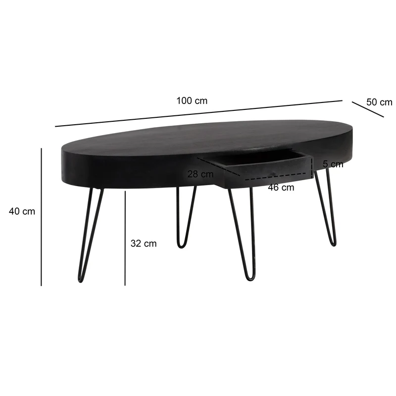 Couchtisch Mango Massivholz Metall Oval Schublade Haarnadelbeine