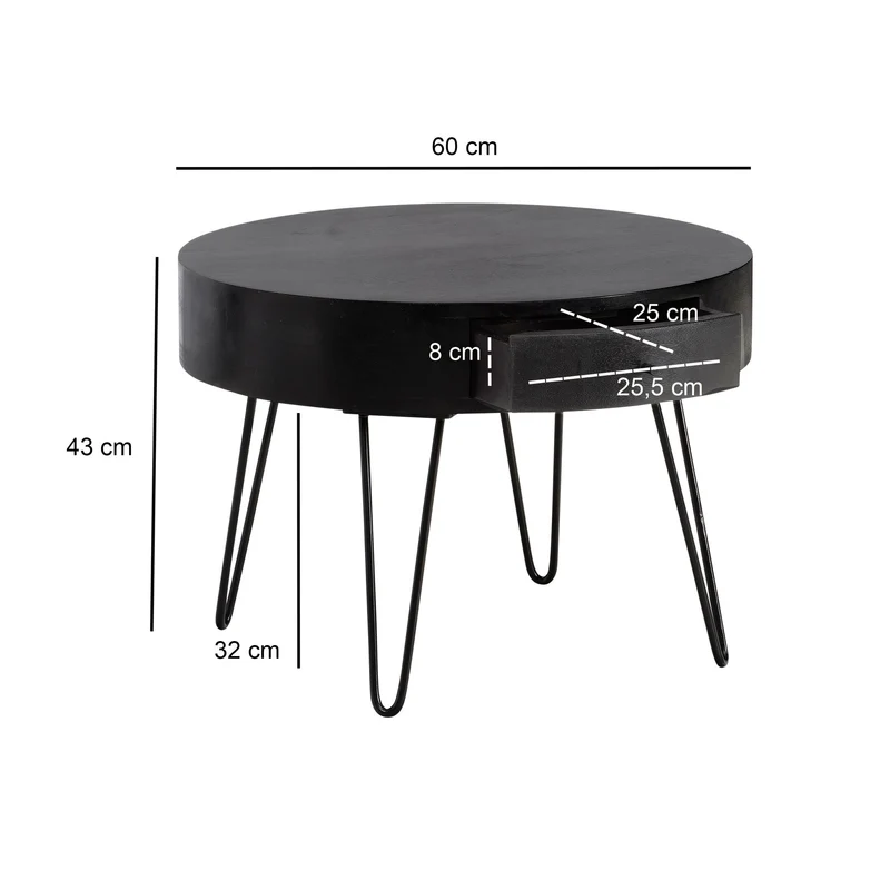 Couchtisch Mango Massivholz Metall Rund 60x60x43cm mit Schublade