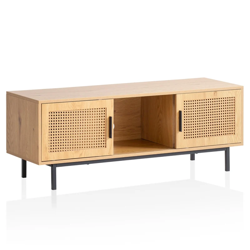 Lowboard Eiche-Dekor Wiener Geflecht 120x45,5x40cm Schiebetüren Rattan