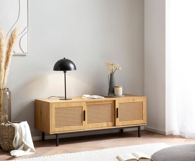 Lowboard Eiche-Dekor Wiener Geflecht 120x45,5x40cm Schiebetüren Rattan