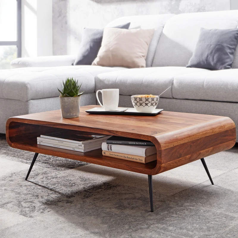 Couchtisch Sheesham Massivholz Metall 90x55x30cm mit Stauraum Modern