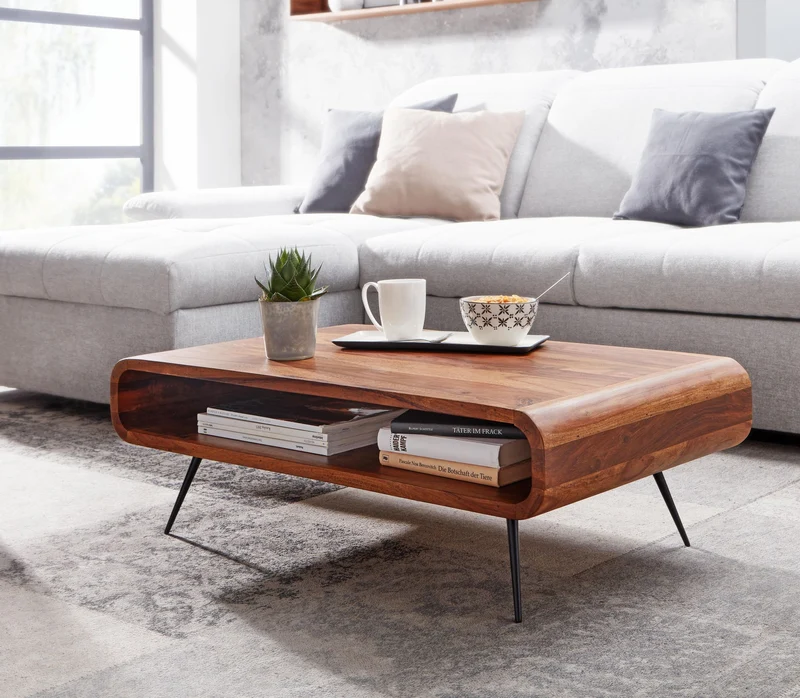 Couchtisch Sheesham Massivholz Metall 90x55x30cm mit Stauraum Modern