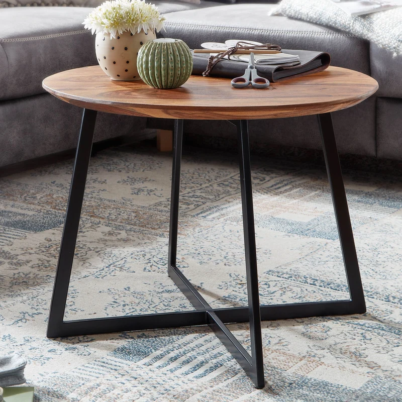 Couchtisch Rund 60x60x45cm Sheesham Massivholz Metall Modern