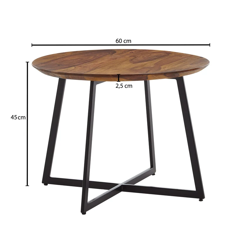 Couchtisch Rund 60x60x45cm Sheesham Massivholz Metall Modern