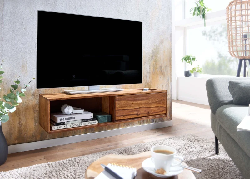 Lowboard Sheesham Massivholz 108x25x34cm Hängend TV-Schrank Braun