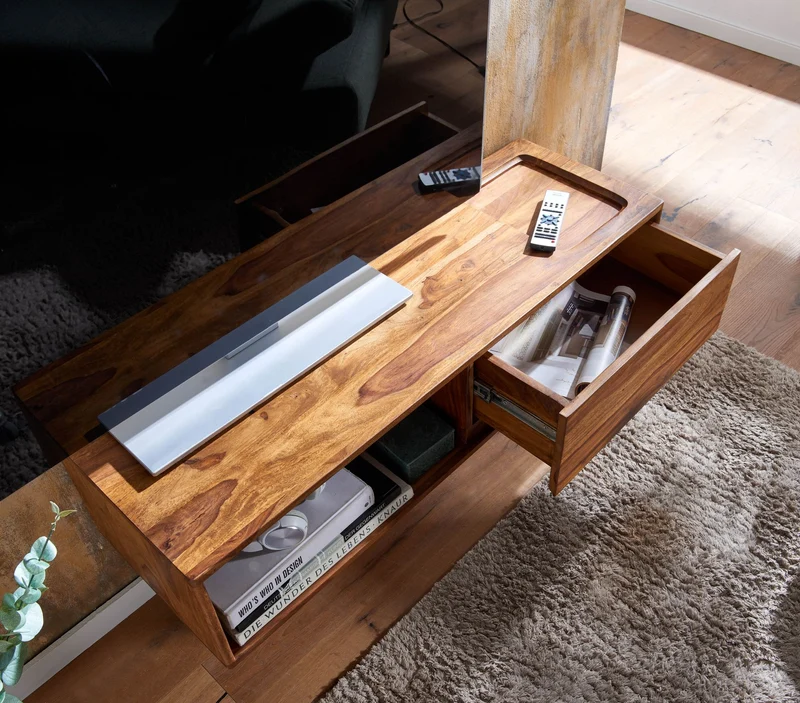 Lowboard Sheesham Massivholz 108x25x34cm Hängend TV-Schrank Braun