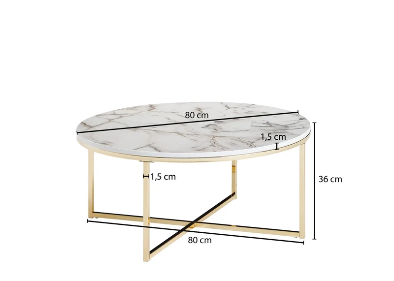 Couchtisch rund 80x36x80cm Marmoroptik Weiß Metallgestell Wohnzimmer