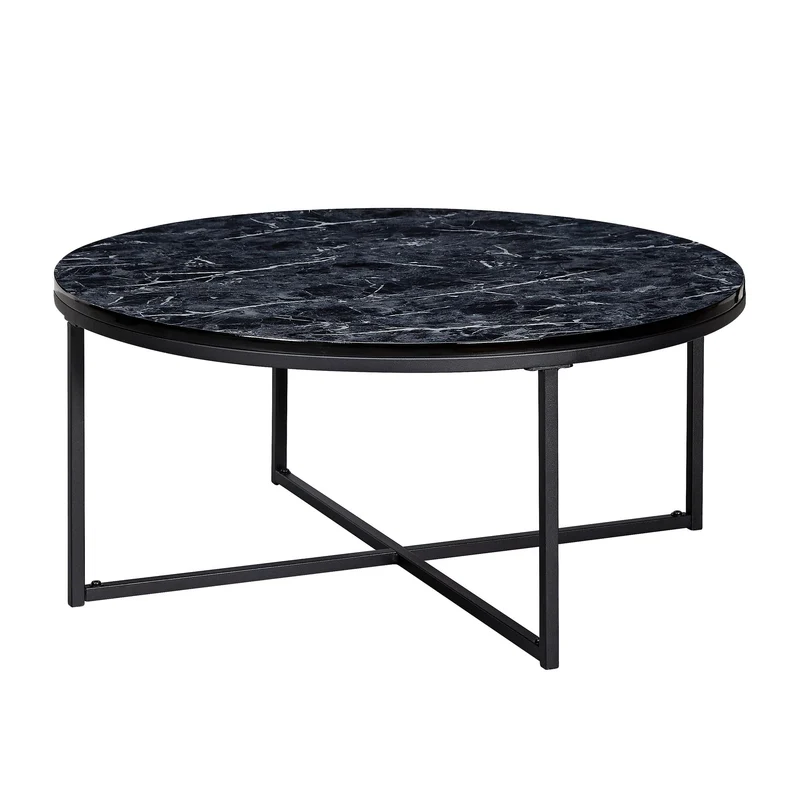 Couchtisch Rund Marmoroptik Schwarz Metallgestell 80x36x80cm Wohnzimmer