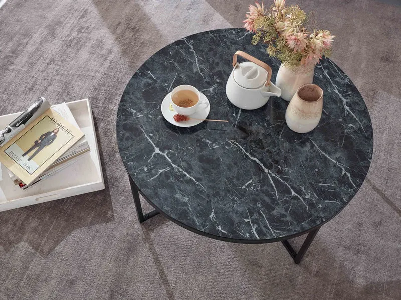 Couchtisch Rund Marmoroptik Schwarz Metallgestell 80x36x80cm Wohnzimmer