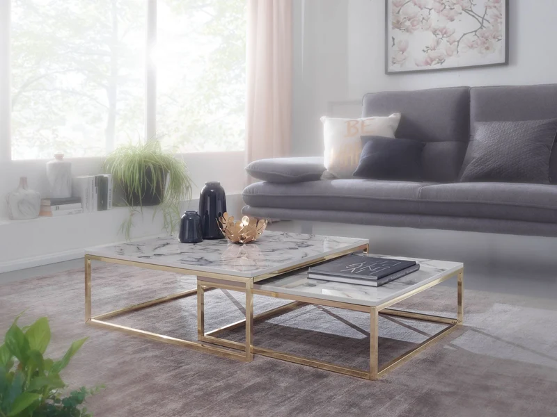 Couchtisch 2er Set Weiß Marmoroptik Eckig Metallgestell Gold Modern