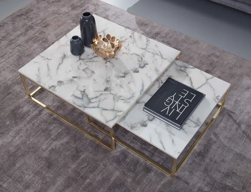 Couchtisch 2er Set Weiß Marmoroptik Eckig Metallgestell Gold Modern